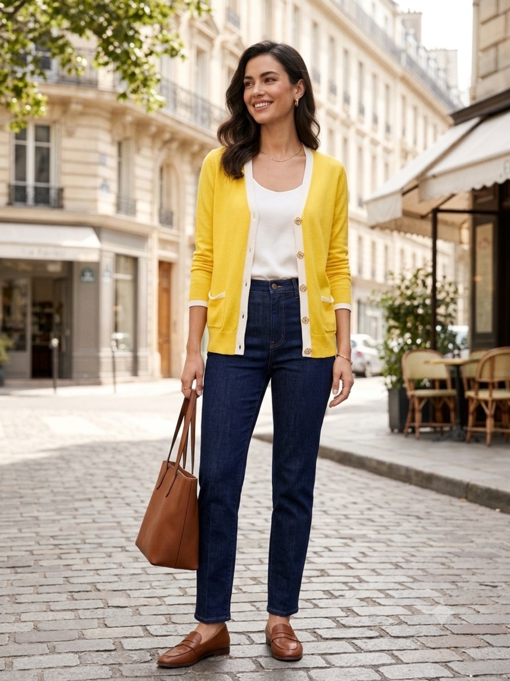 Pink Tartan Yellow Button-Front Cardigan with White Trim